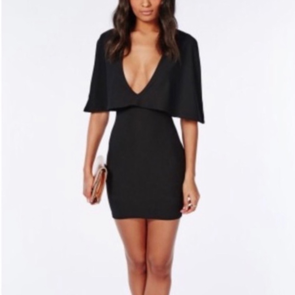 NWOT Miss Guided Elegant Black Mini Dress Cape Dress Wrinkle Free Size 4 US